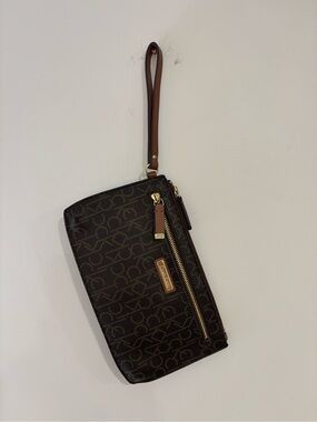 Calvin Klein Dark Brown Monogram Wristlet Clutch with Gold Accents